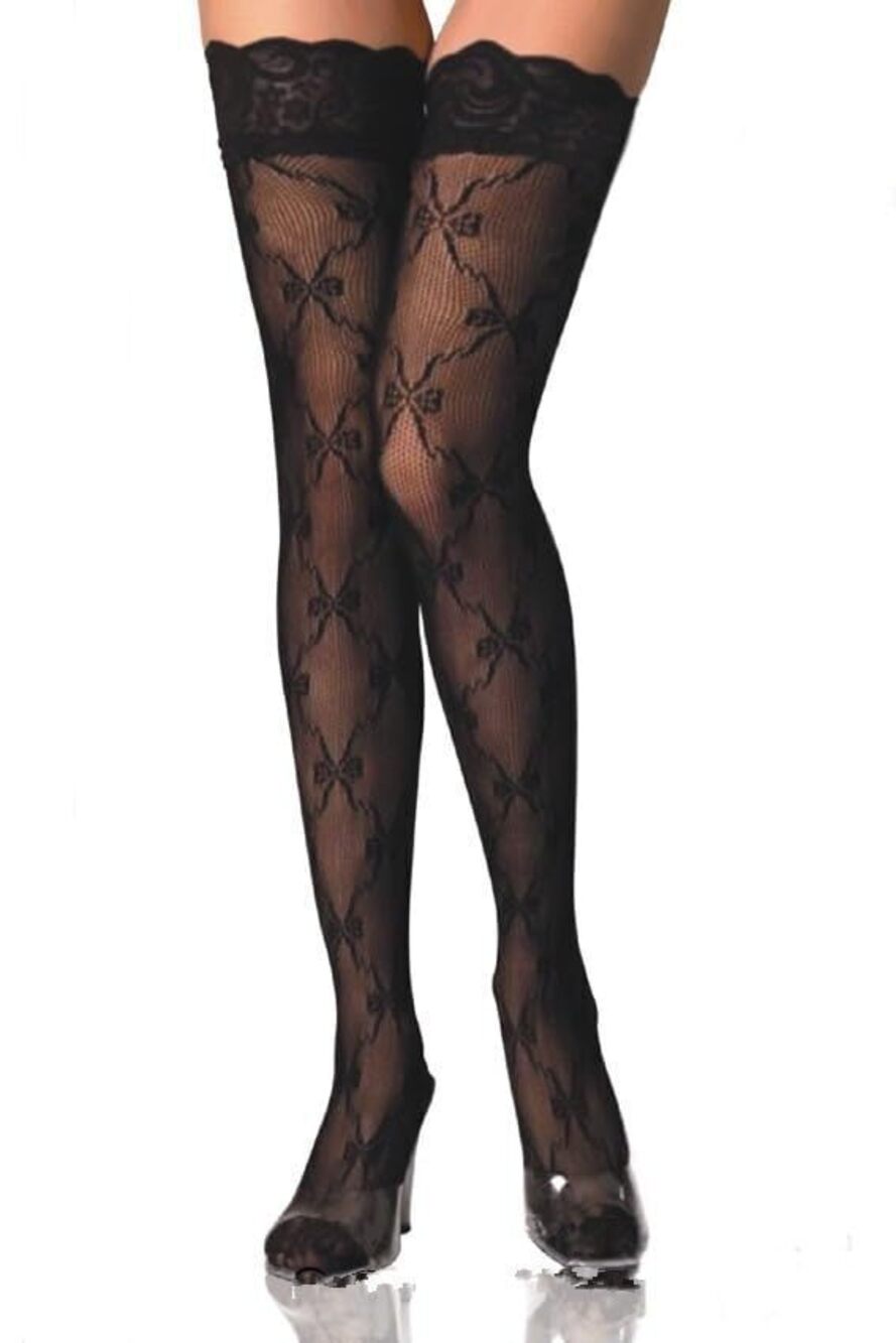 6635 Black Fishnet Stockings - Sexy Lace Top Thigh High Fishnets With Bow